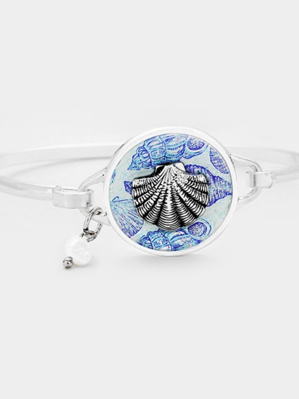 Patterned Sea Shell Pearl Charm Hook Bangle Bracelet - Mermaid Beach Jewelry